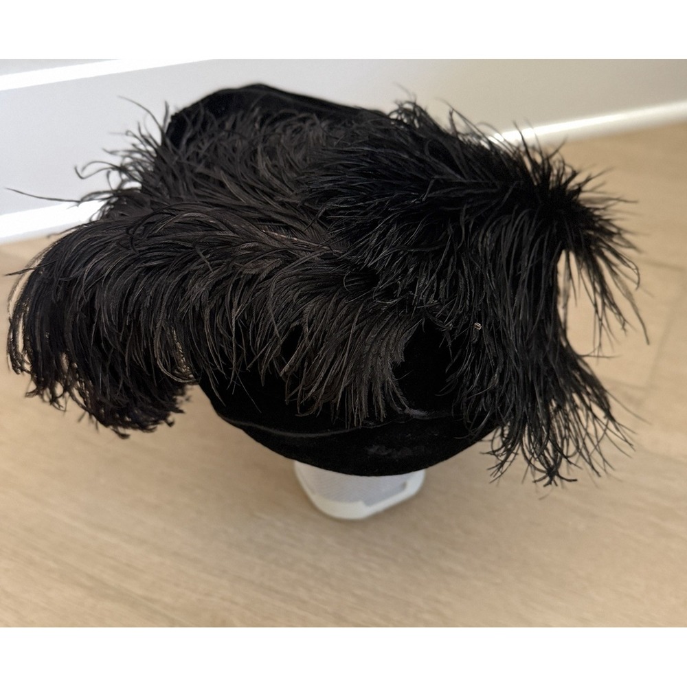 Antique Edwardian Black Velvet Ostrich Feather Ladies Hat 1900s Floral Accents - Picture 4 of 9